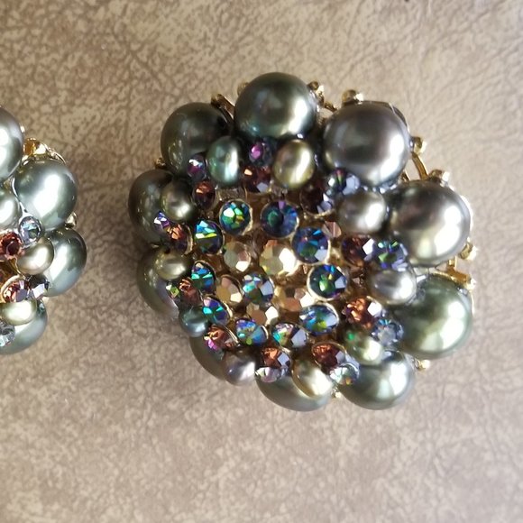 RARE VINTAGE STATEMENT JOSE & MARIA BARRERA PEARL STONE CRYSTAL FLOWER EARRINGS - Picture 9 of 12